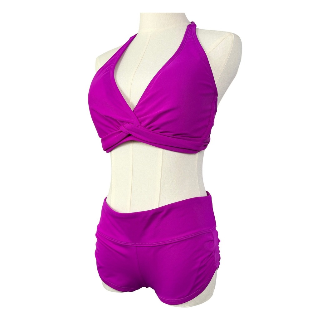 Athleta Magenta Purple Halter Twist Bikini Top 34 D/DD and Boy Short Bottoms Set - Picture 2 of 12